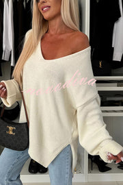 Cold Weather Knit Solid Color Long Sleeve V-neck Irregular Relaxed Sweater