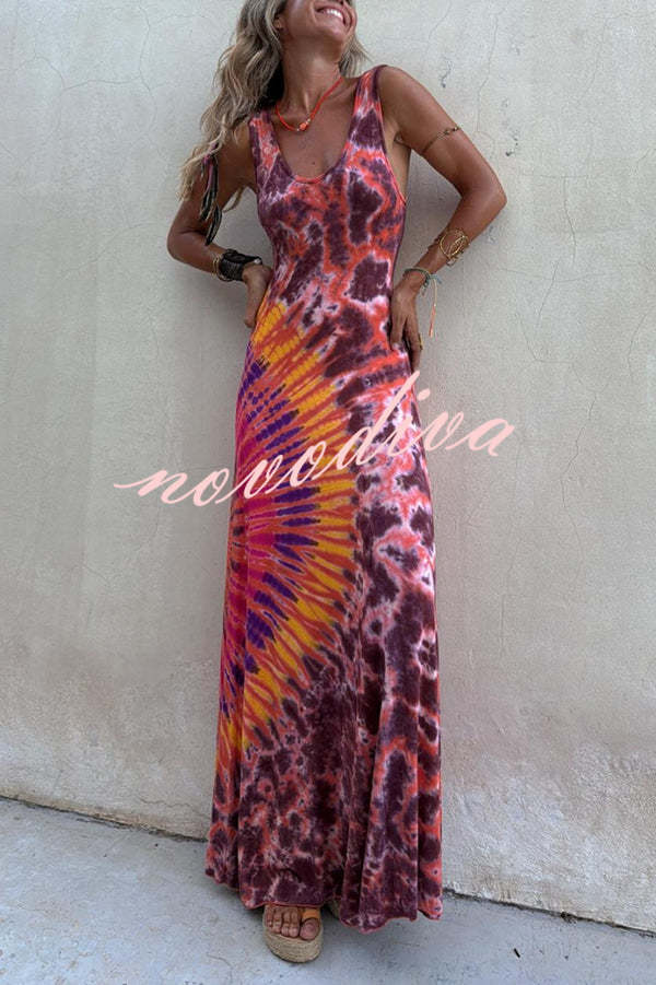 Boho Happiness Tie-dye Print Back Lace-up Stretch Maxi Dress