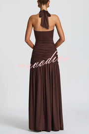 Solid Color Halter Neck Backless Slim Fit Pleated Slit Maxi Dress