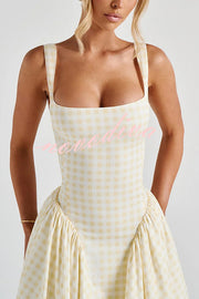 Playful Elf Gingham Square Neck Back Smocked Lace-up Midi Dress