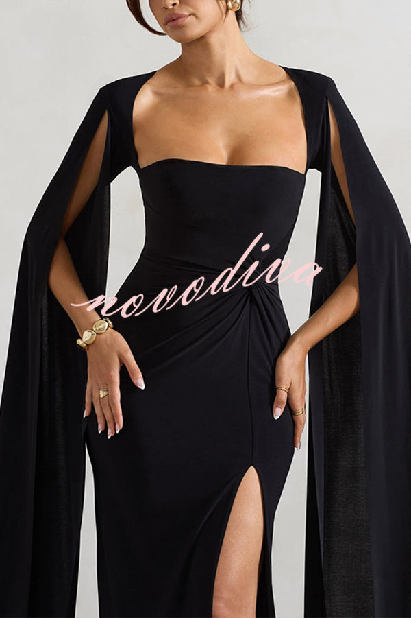 Elegant Goddess Square Neck Twisted Cape Sleeve Slit Maxi Dress