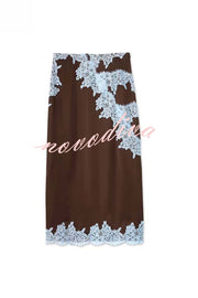 Sunday Social Contrast Color Satin Lace Trim Mid Rise Maxi Skirt