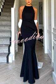 Statement Chic Racer Neck Back Oversized Bow Hem Backless Maxi Dress