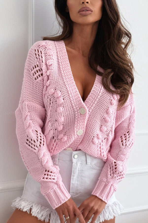 Fashion Hollow Long Sleeve V-neck Button Loose Knitted Cardigan