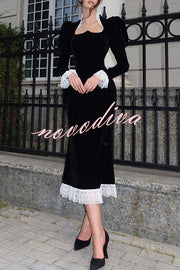Baroque Style Velvet Lace Trim Sweetheart Neck Long Sleeve Flare Midi Dress