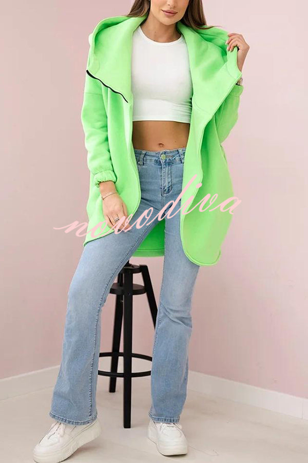 Solid Color Loose Hooded Zip-up Casual Sports Jacket