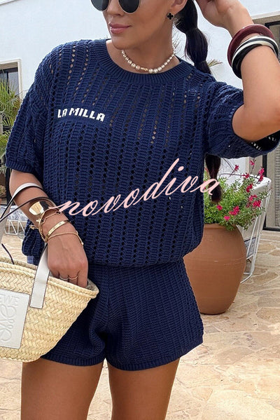 Fashionable Hollow Knit Short-sleeved Top and Elastic High-waist Casual Shorts Set