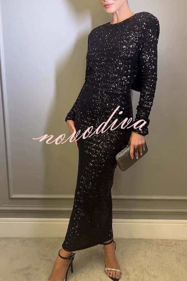 Looking To Party Sequin Padded Shoulder Backless Bow Design Maxi Dress