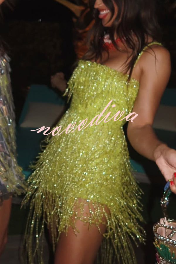 Sparkle Night Beaded Sequined Tassel Slip Midi Dress