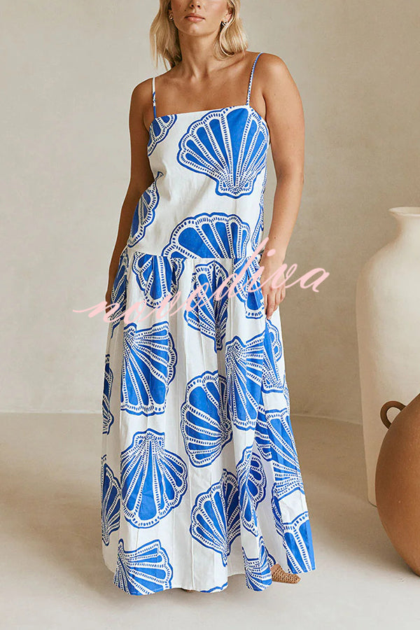 Linen Blend Shell Print Loose Strappy Resort Style Maxi Dress