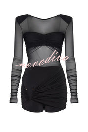 Sexy Mesh See-through Long-sleeved Backless Pleated Rompers
