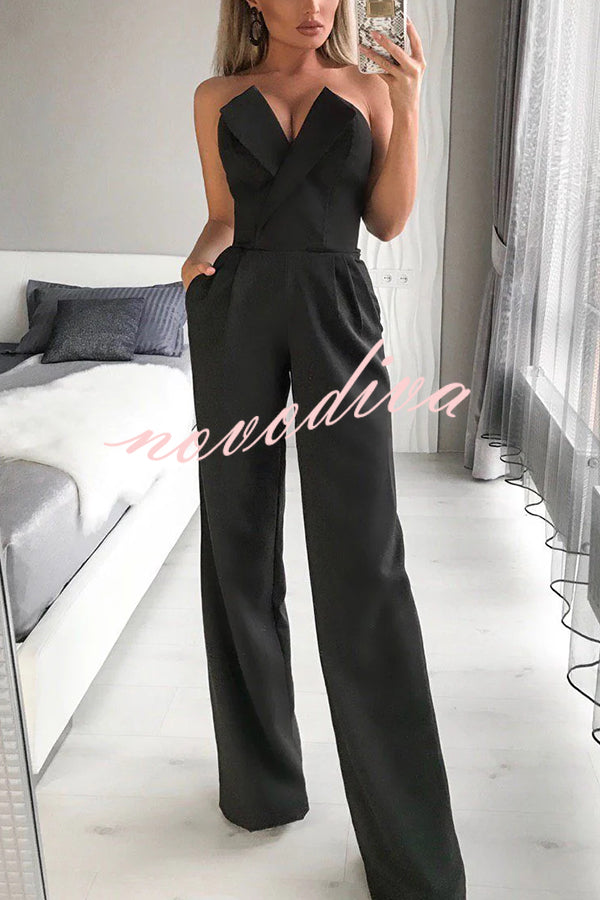 Tuxedo-style Off Shoulder Pocket Wide Leg Formal Jumpsuit