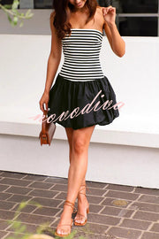 Stripe Print Paneled Pleated Tube Top Mini Dress