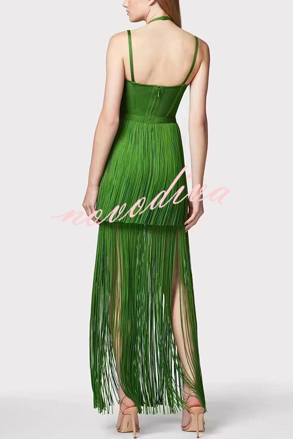 Sexy Halterneck Open Back Elegant Tassel Slim Maxi Dress