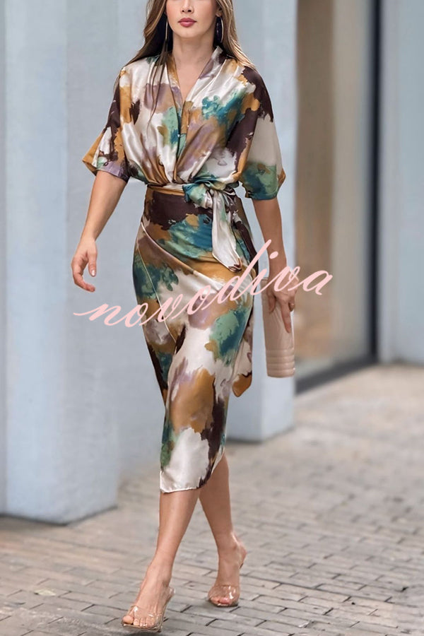 Cityscape Moment Satin Tie Dye Print Half Sleeve Wrap Midi Dress