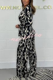 Fashion Leopard Print V-Neck Long Sleeve Lace-Up Casual Jumpsuit