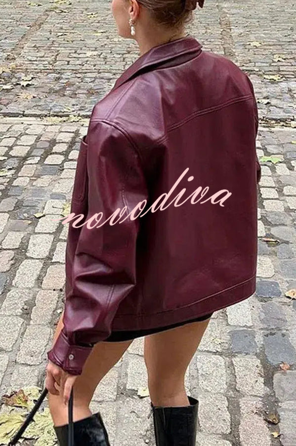 Y2K Burgundy Faux Leather Pocketed Zipper Loose Jacket