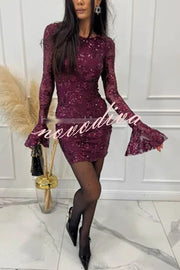 Deep and Dazzling Floral Texture Sequin Long Bell Sleeve Open Back Mini Dress