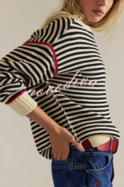 Fashion Striped Colorblock Loose Round Neck Long-sleeved Knitted Sweater