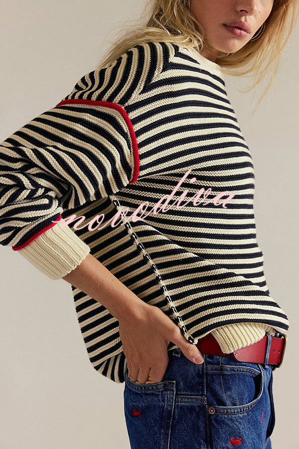 Fashion Striped Colorblock Loose Round Neck Long-sleeved Knitted Sweater