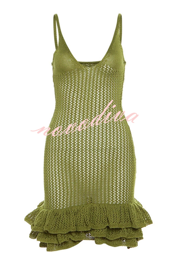 Bali Cutie Knit Layered Ruffle Pleats Hem Tank Stretch Mini Dress