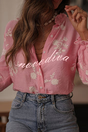 Floral Embroidery Long-Sleeved Button-Up Elegant Shirt