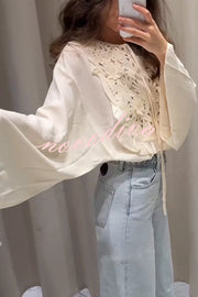 Fashionable Round Neck Tie Hollow Stitching Casual Shirt