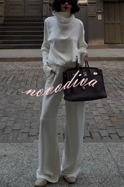Morning Coffee Walks Ribbed Turtleneck Long Sleeve Sweatshirt and Elastic Waist Pocketed Loose Pants Set