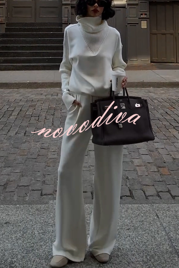 Morning Coffee Walks Ribbed Turtleneck Long Sleeve Sweatshirt and Elastic Waist Pocketed Loose Pants Set