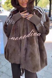 Fashion Sports Stripe Print and Ribbed Embroidered Long Sleeve Zipper Pocket Hooded Plush Coat