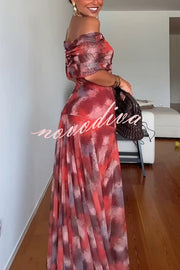 Unique Printed Off-the-shoulder Waisted Holiday Maxi Dress