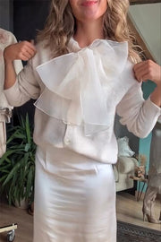 Orozco Knit Organza Bow Button-down Long Sleeve Loose Cardigan