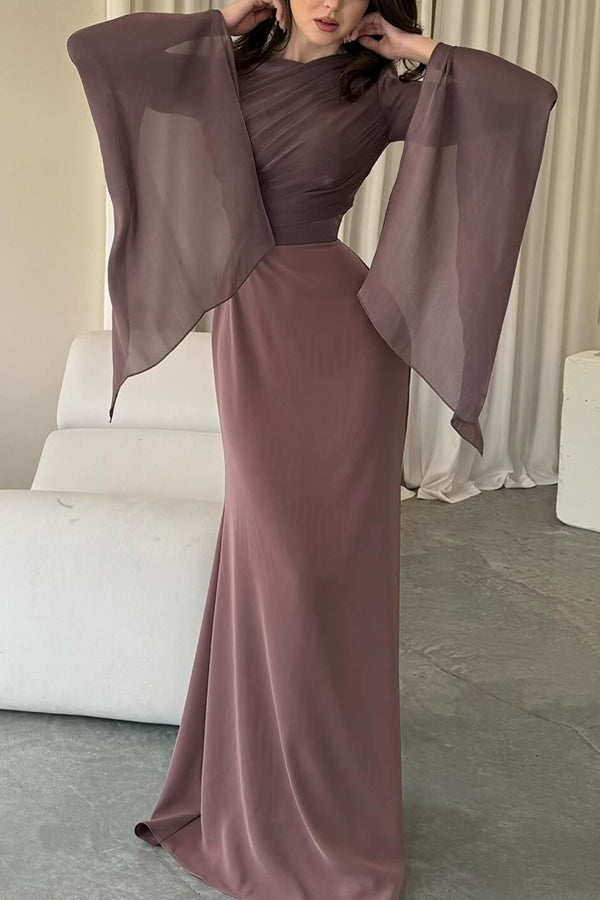 Liora Ruched Organza and Satin Patchwork Design Long Bell Slit Sleeve Maxi Dress