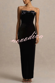 Illusion Velvet Bandeau neck Bow detail Stretch Maxi Dress