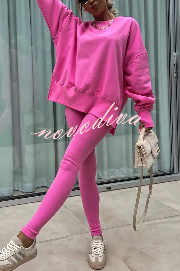 Solid Color Loose Long Sleeve SlitSweatshirt and Elastic Waist Tight Pants Set