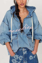Fashion Loose Pocket Casual Denim Zipper Hoodie
