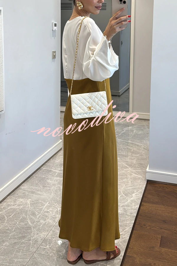 Lainei Contrast Color Satin Lace Trim V-neck Long Sleeve Maxi Dress