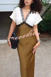 Fashionable Contrast Color V-neck Lace Stitching Maxi Dress