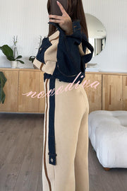 Chill Whispers Denim Patchwork Sweatshirt Fabric Striped Elastic Waist Pocket Loose Pants