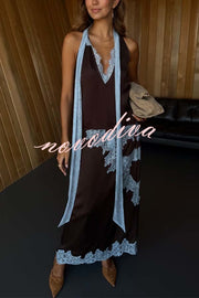 Sunday Social Contrast Color Satin Lace Trim Mid Rise Maxi Skirt