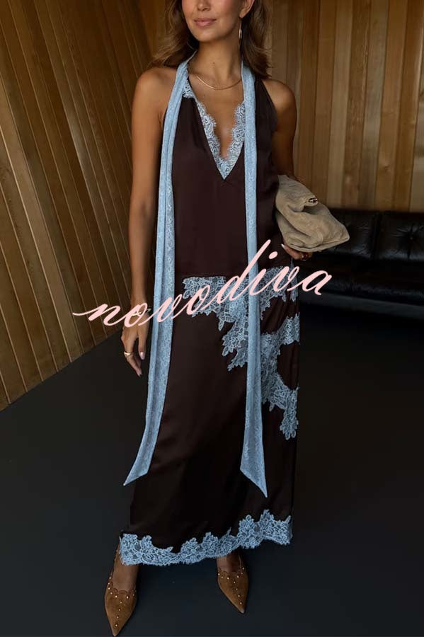 Sunday Social Contrast Color Satin Lace Trim Mid Rise Maxi Skirt
