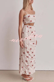 Rosa Linen Blend Bow Print Scallop Lace Trim Crop Tank and High Rise Slit Skirt Set