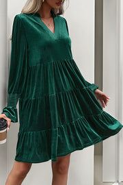 Solid Color Velvet V-Neck Long Sleeve Elegant Loose Mini Dress