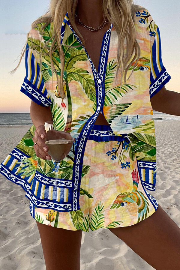 Coconut Beach Print Loose Buttoned Elastic Waist Shorts Set