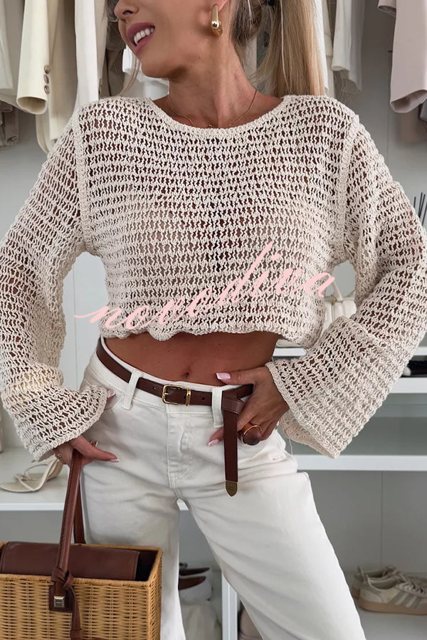 Fashion Knitted Hollow Long Sleeve Round Neck Holiday Cover Up