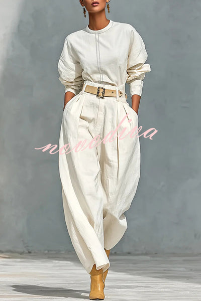 Fashionable Round Neck Long-sleeved Casual Top and High Waist Pocket Loose Wide-leg Pants Set