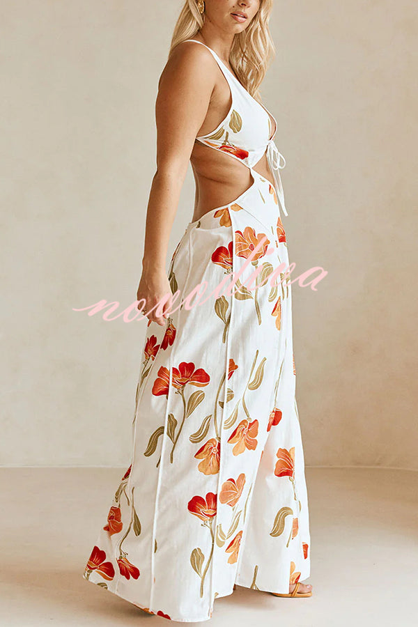 Eliska Linen Blend Poppy Print Cutout Contrast Trim A-line Maxi Dress