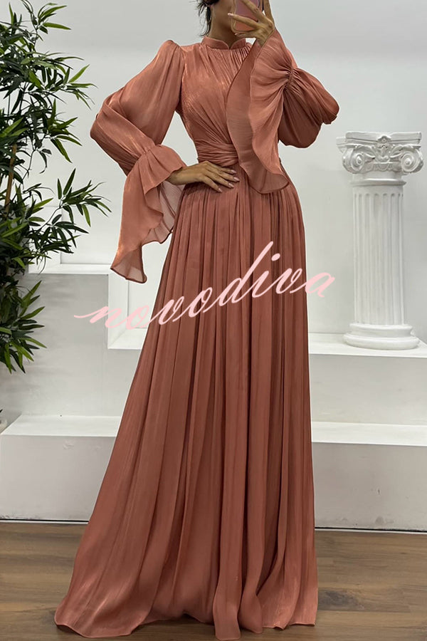Ellah Shiny Fabric Chinese Stand Collar Twist Waist Balloon Sleeve Maxi Dress