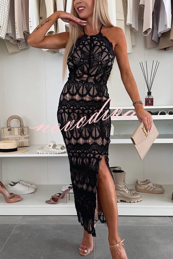 Paulette Unique Lace Halter Backless Slit Stretch Midi Dress