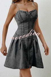 Fashionable Patchwork Suspender Zipper Slim Denim Mini Dress